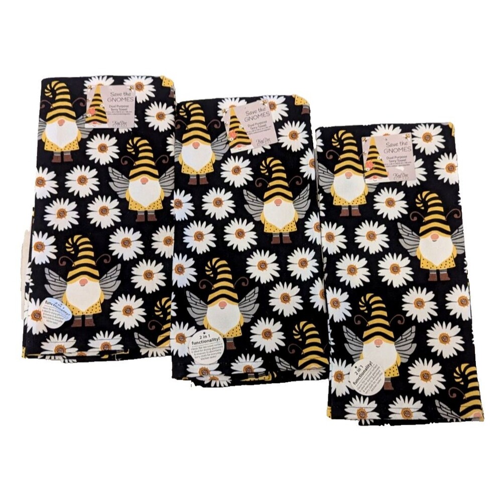 SAVE THE GNOMES Kitchen Towels 3-pc Honey Bee Gnome & Daisy Kay Dee Designs Gift